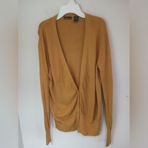 Moda International Silk Cashmere Blend Cardigan Sweater Gold Mustard Yellow L
